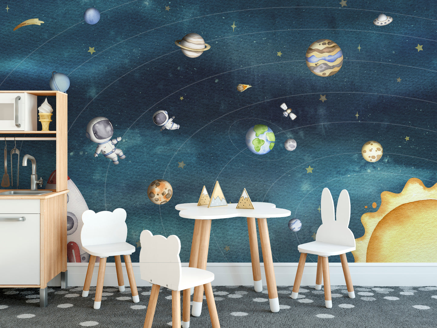 Space-themed wall mural with a joyful celestial display