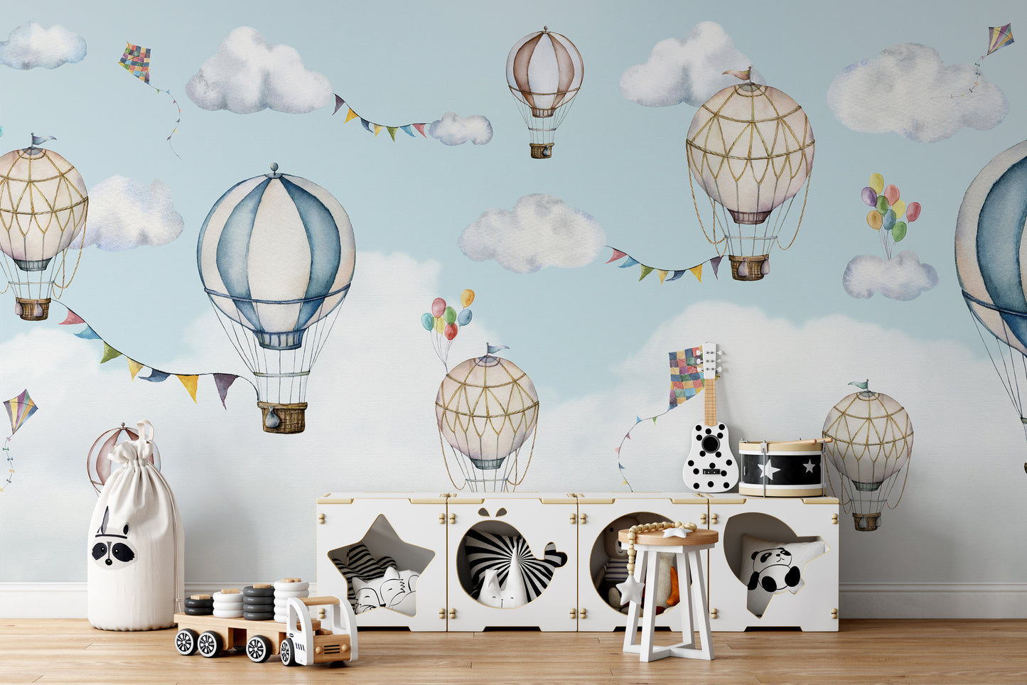 Floating balloons mural adding whimsy to any space.