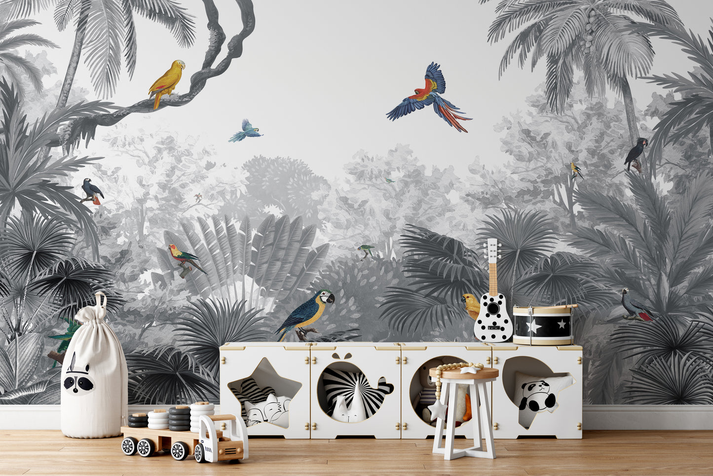 Birds canopy mural with lush tropical foliage design.