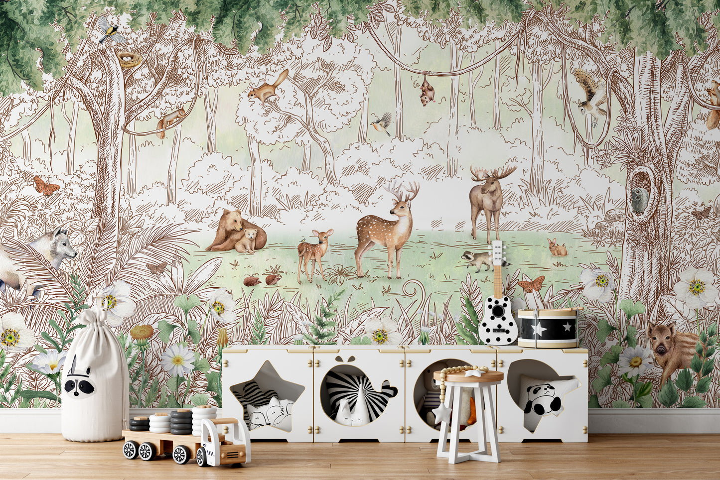 Forest friends mural bringing spring charm to interiors.
