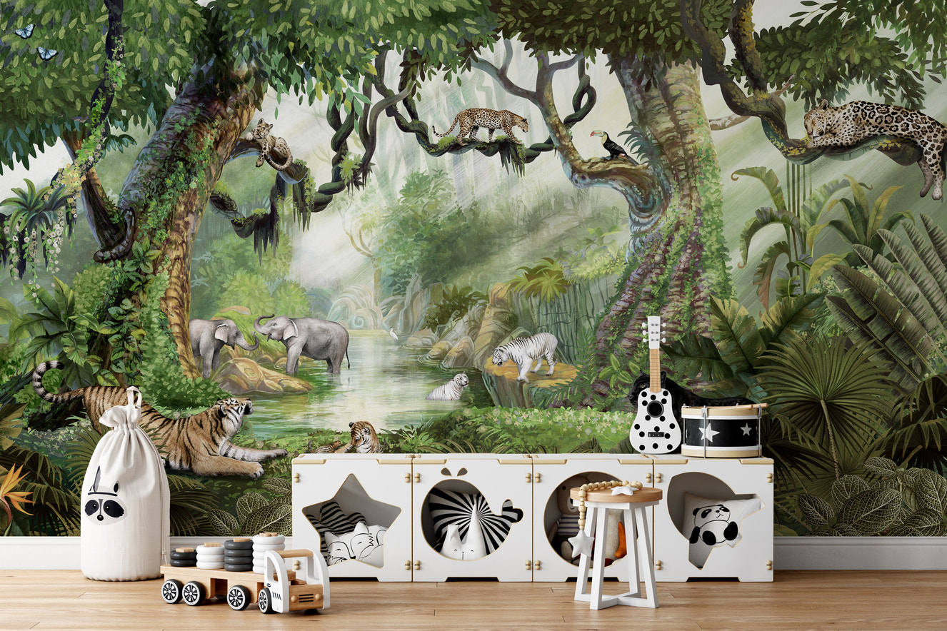 Wallpaper showcasing jungle cats amidst lush greenery.
