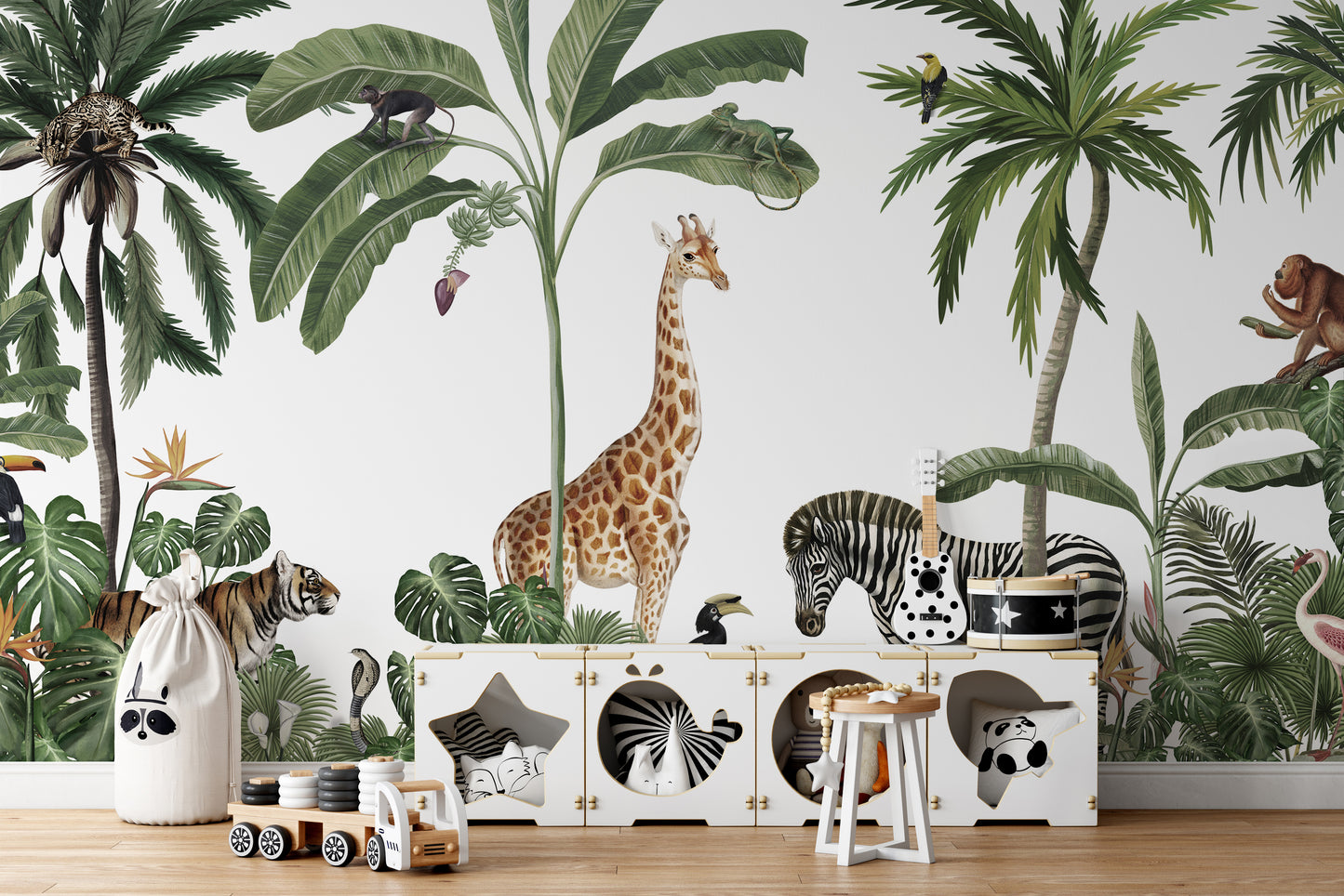 Wallpaper mural with tropical forest animals and trees.