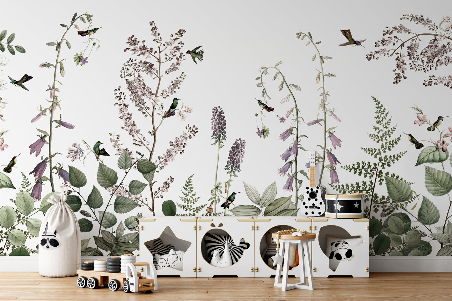 Hummingbird Hedge mural enhances walls with natural beauty.