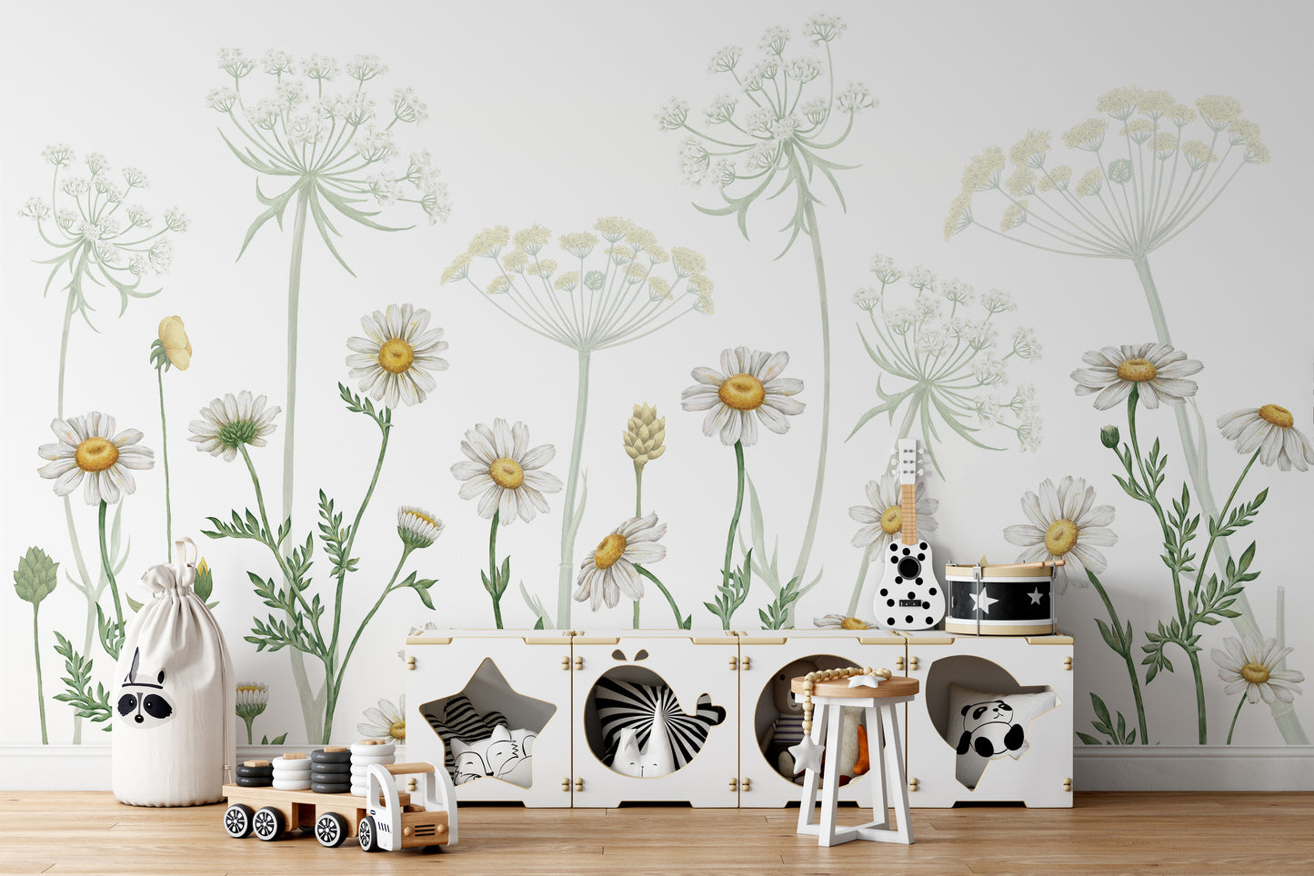 Elegant daisy floral mural for nature-inspired decor.