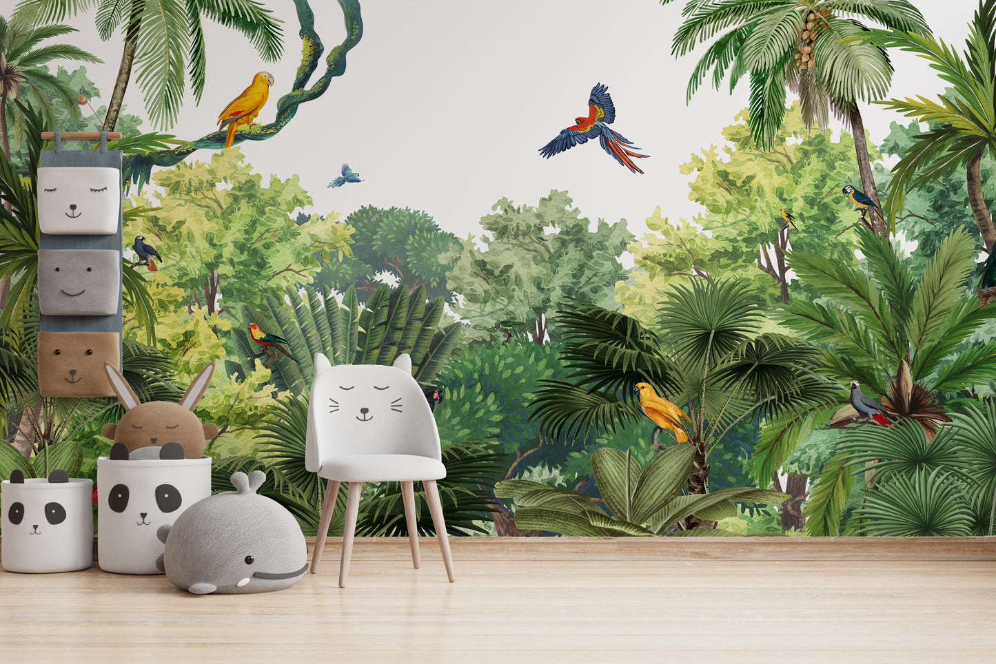 Vibrant mural featuring exotic birds and tropical elements.