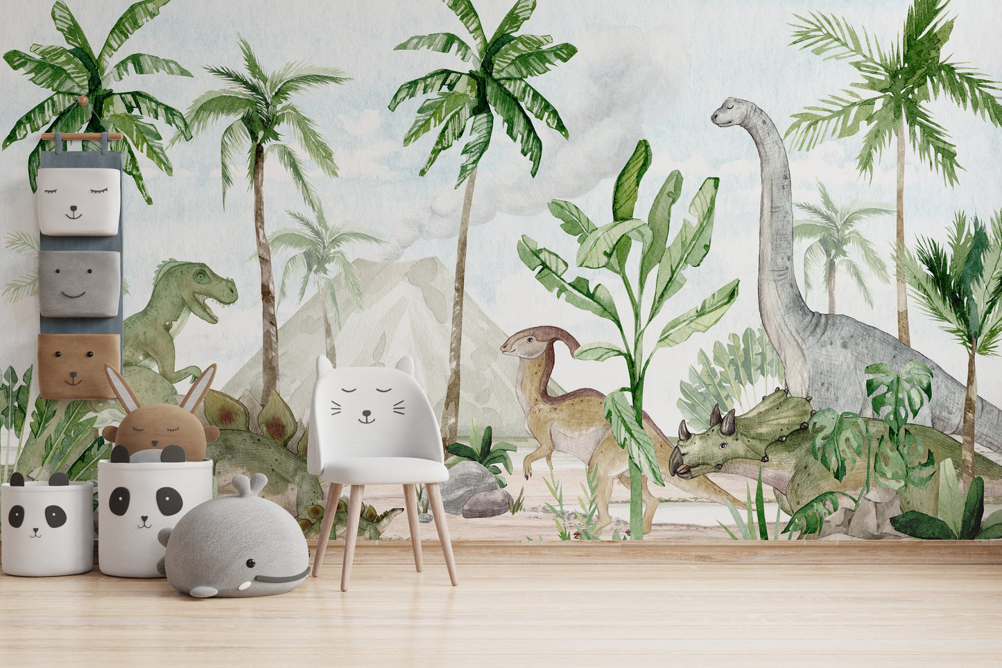 Watercolor mural with lush prehistoric flora and fauna