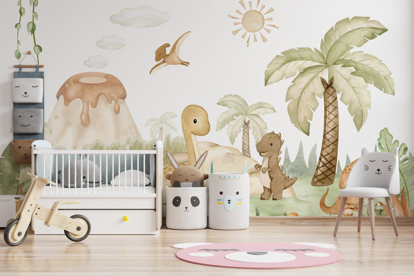 Dino-themed mural with charming baby dinosaurs for kids’ rooms