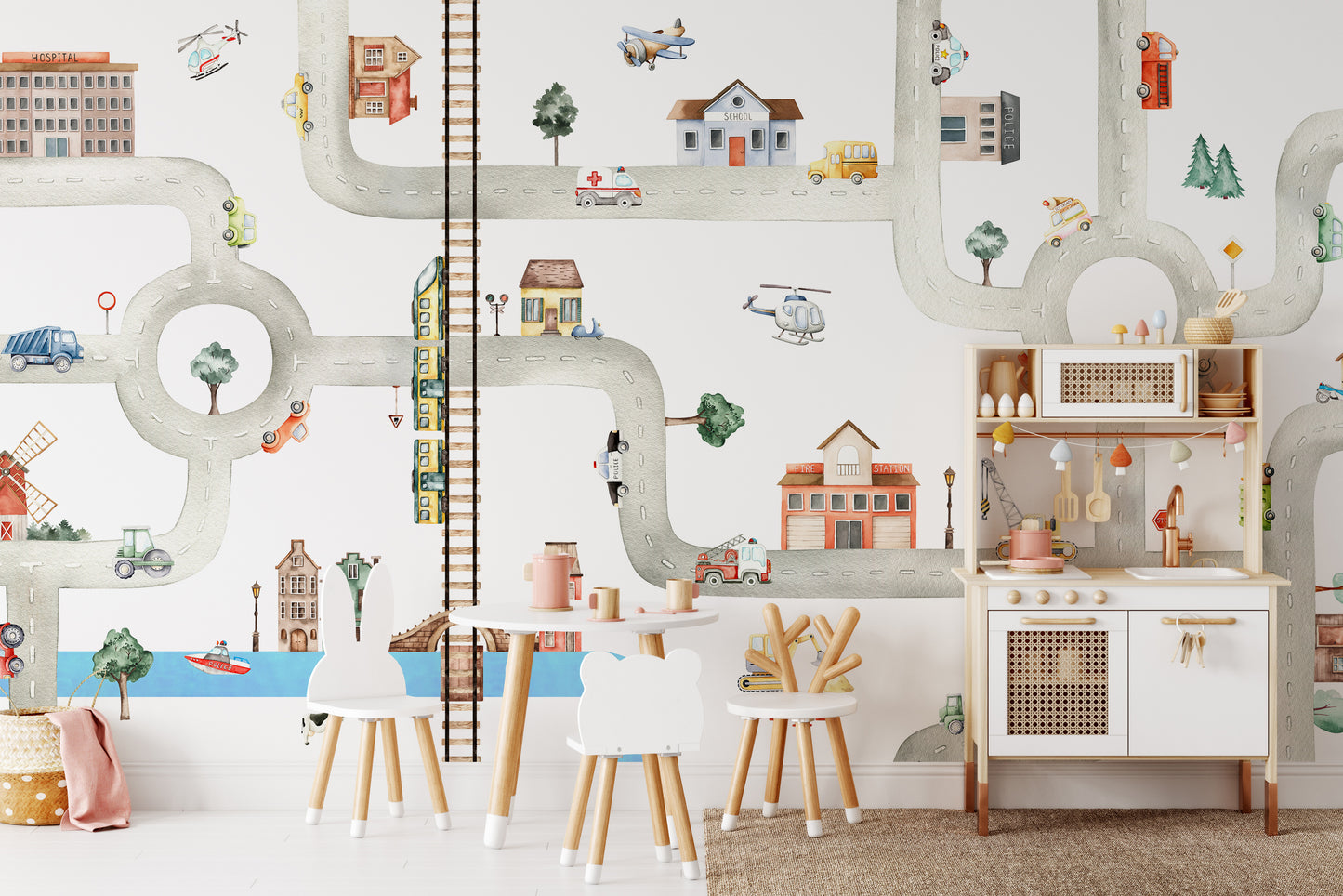 Kids mural featuring a lively and colorful city traffic scene.