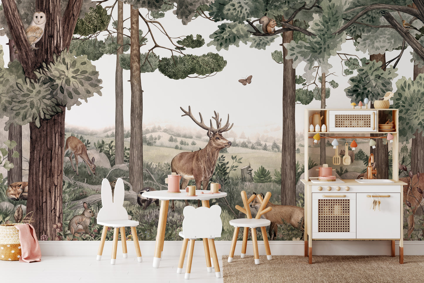 Vibrant mural featuring stag and deer in lush forest scenery.