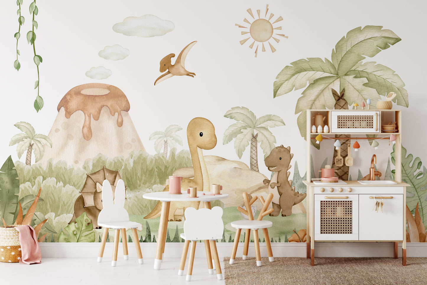Decorative mural featuring adorable dino babies in bright colors