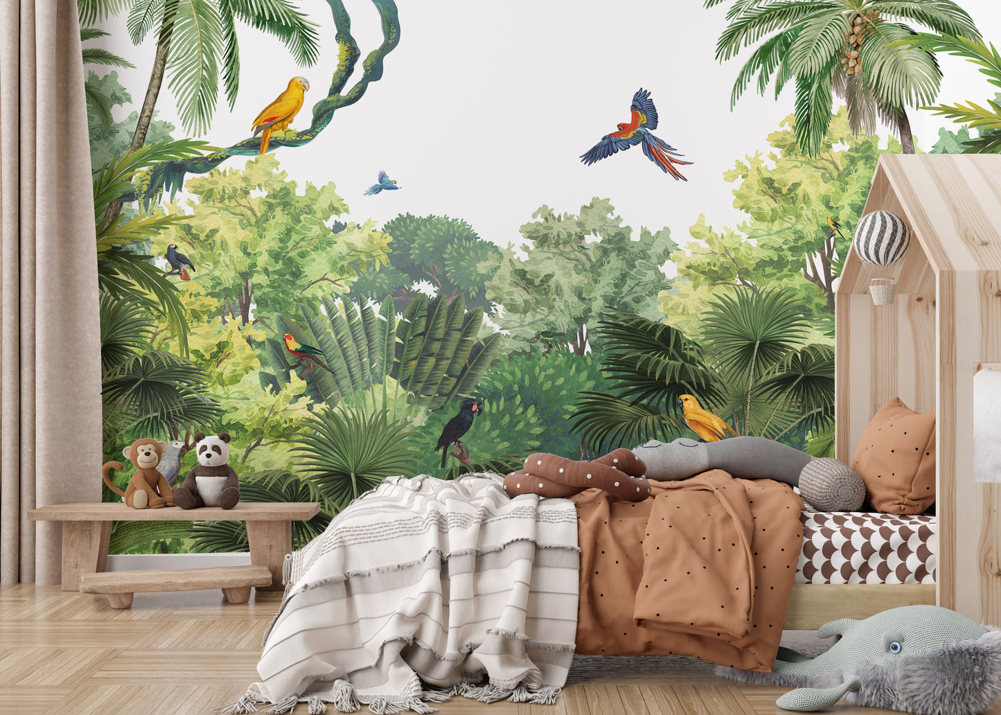 Exotic birds mural adding charm to nature-inspired walls.