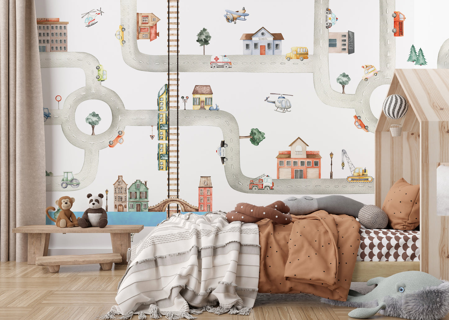 Traffic mural designed for fun and playful kids' rooms.