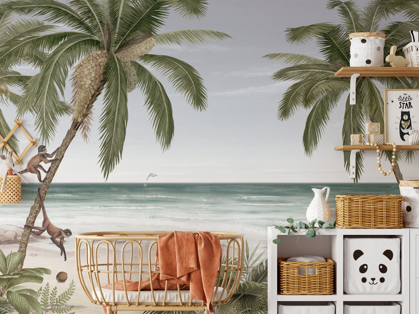 Scenic beach mural with lush palms and turquoise water.