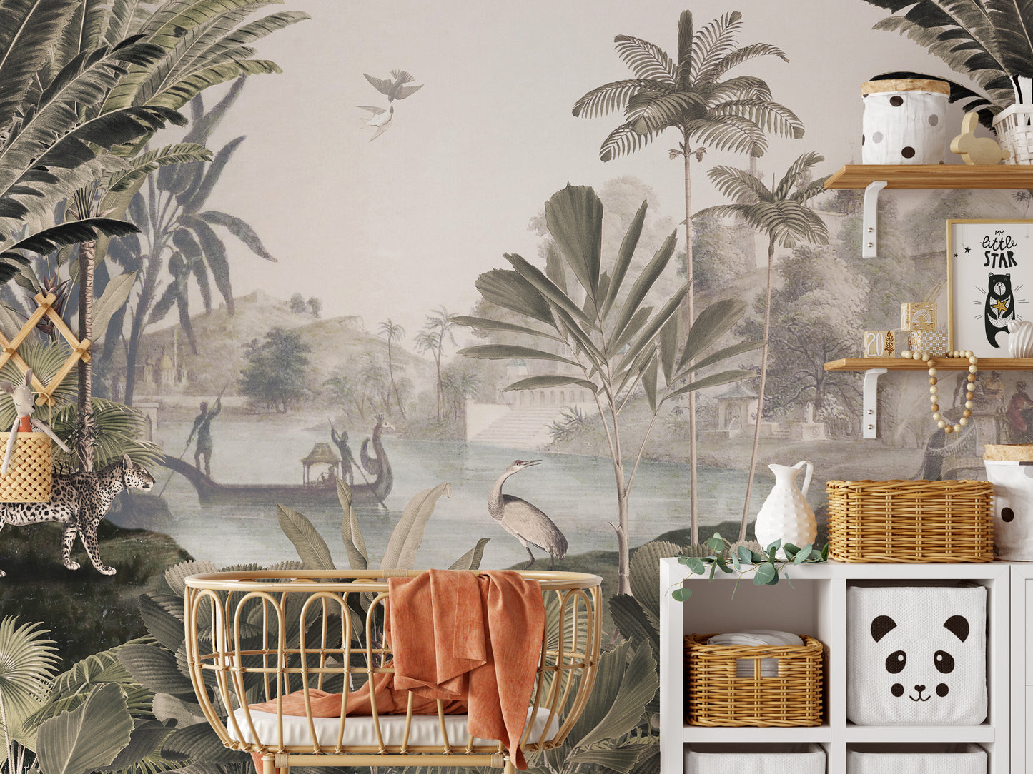 Sepia-toned jungle mural for captivating interiors.