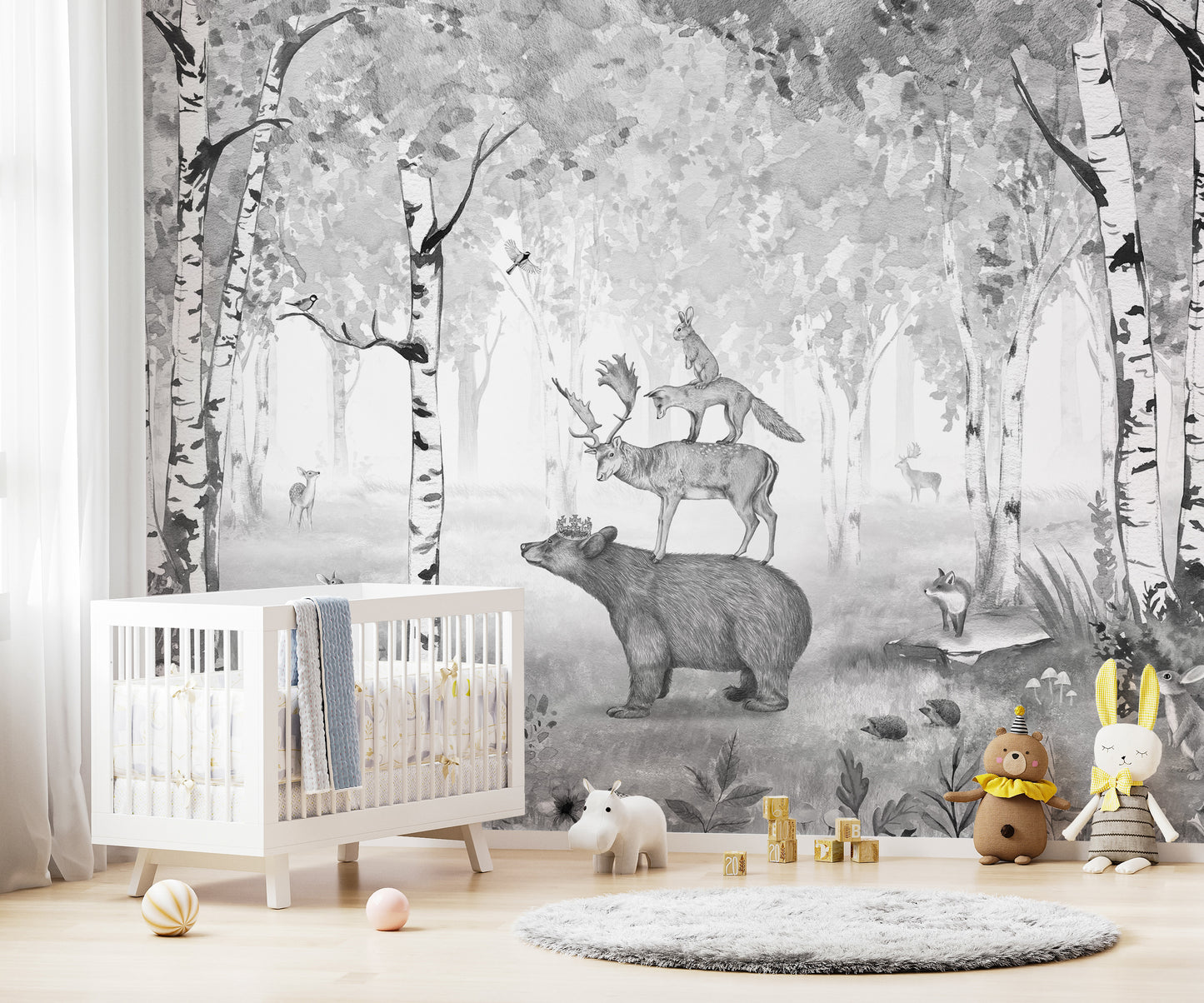 Scenic forest mural in striking black and white shades.