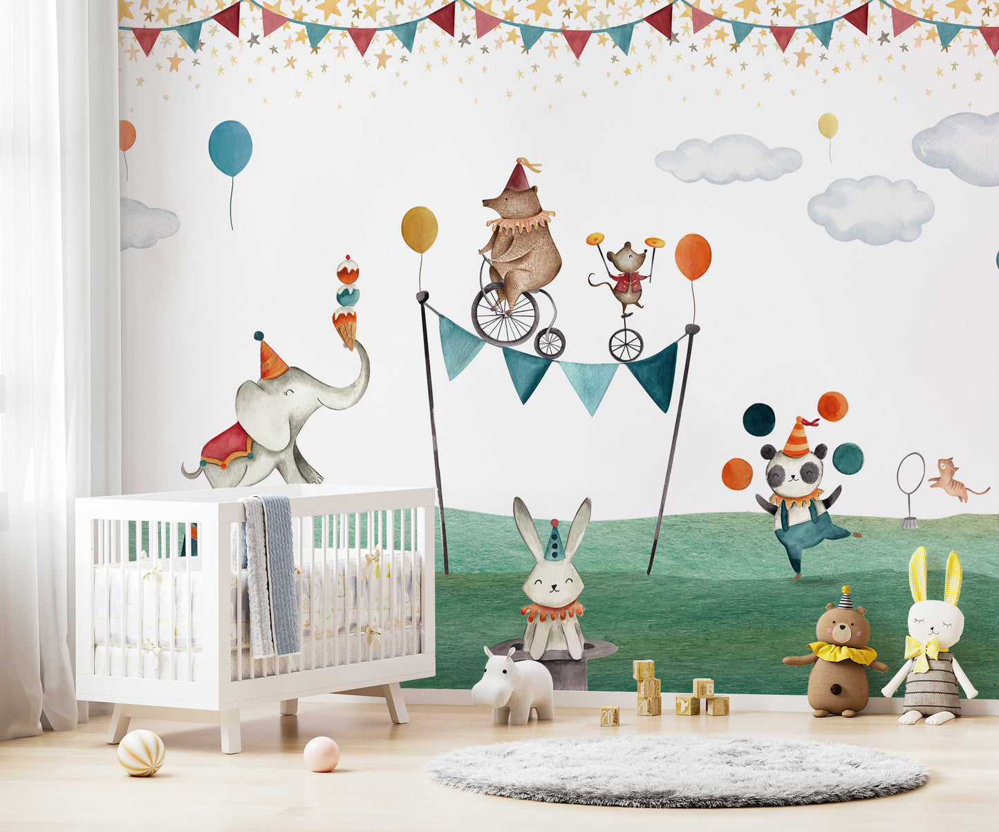 Fun circus animals mural with vibrant and playful charm.