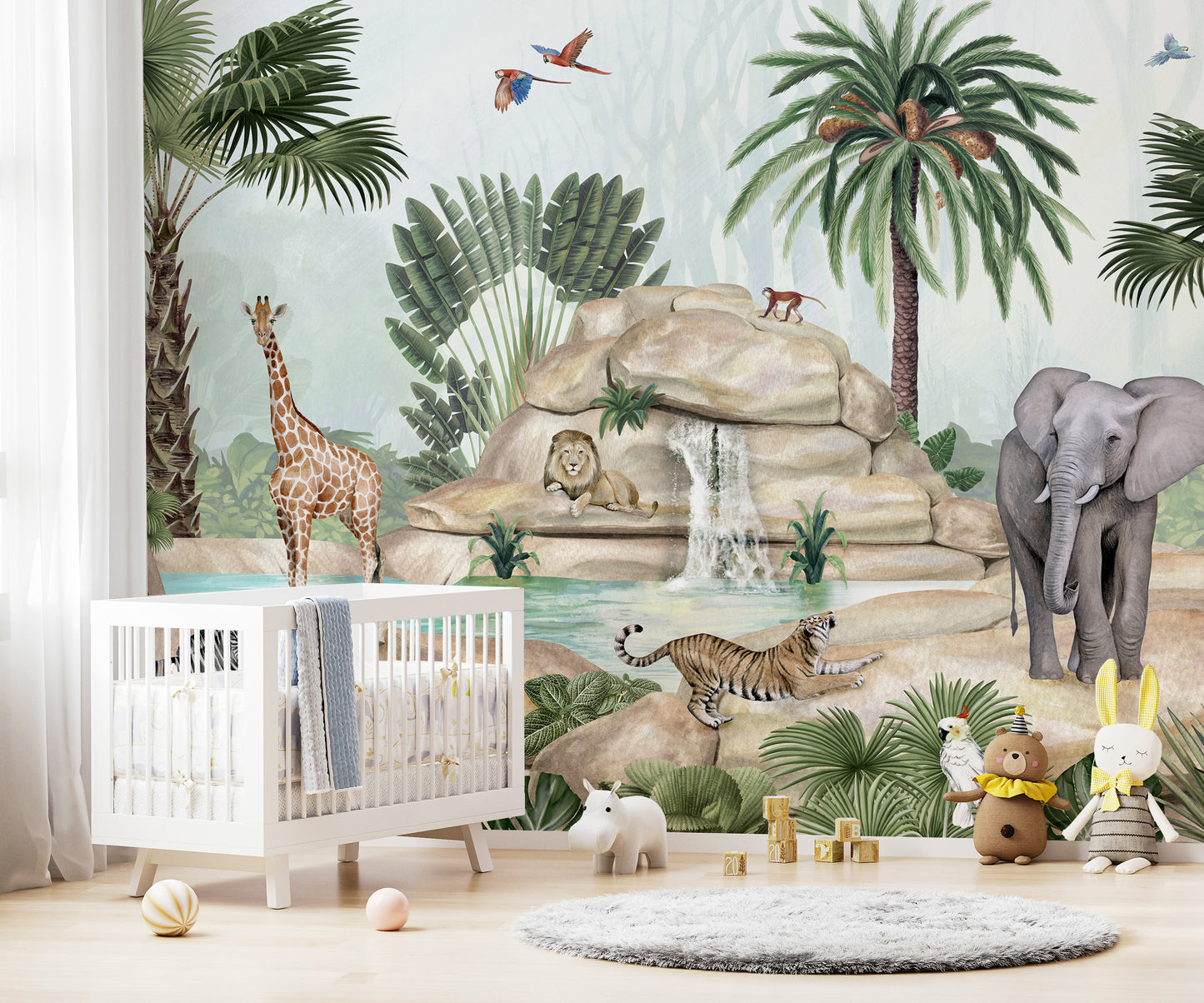 Scenic mural showcasing animals and a serene water pond.