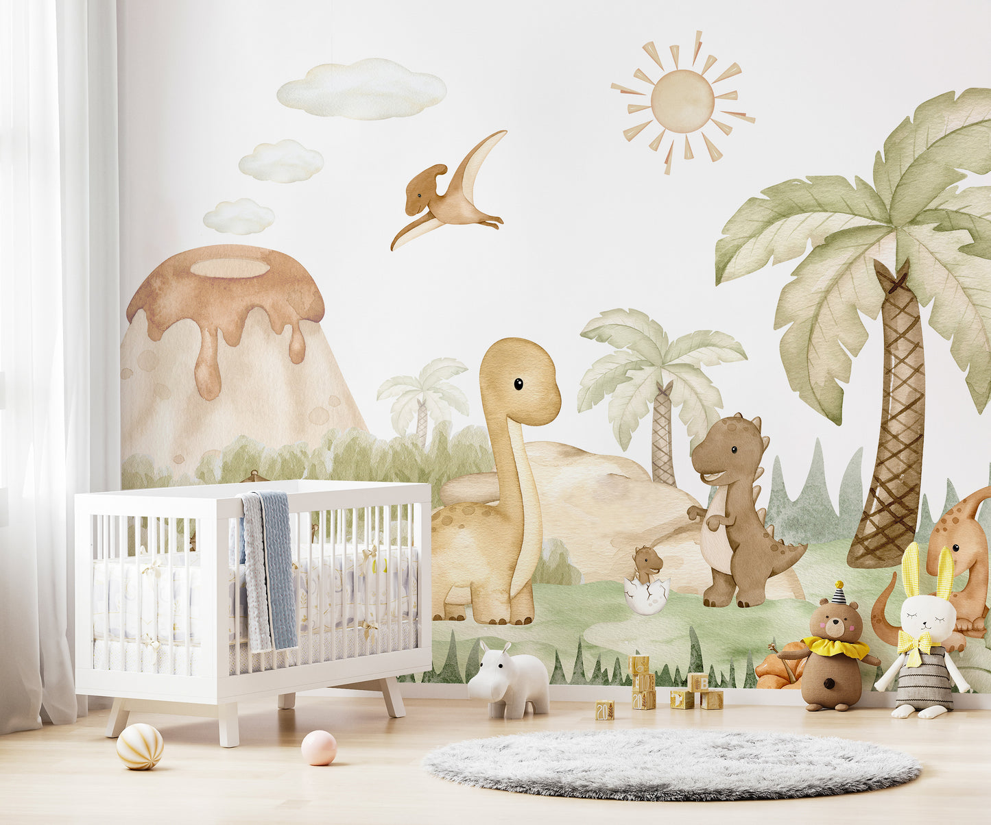 Baby dinosaur wall mural for imaginative and playful spaces