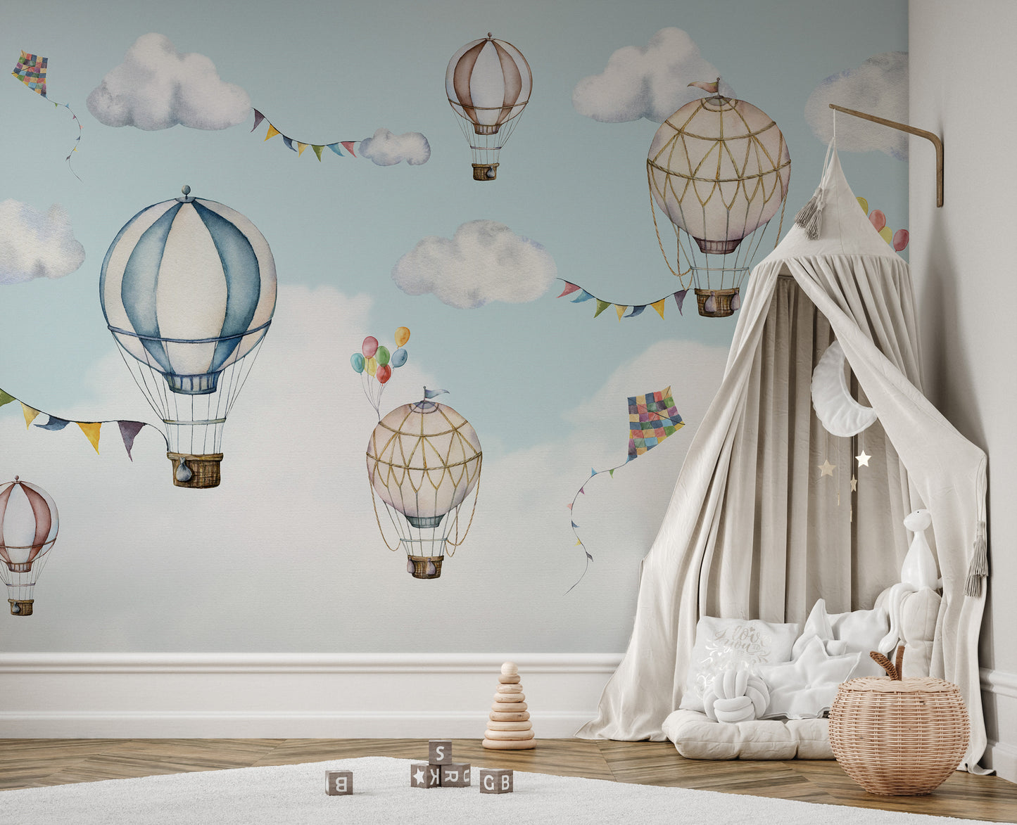 Sky wallpaper mural with vibrant floating balloons.