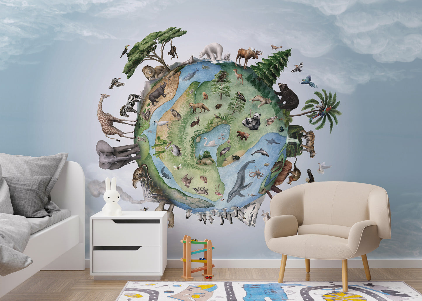 Wildlife mural showcasing diverse species worldwide.