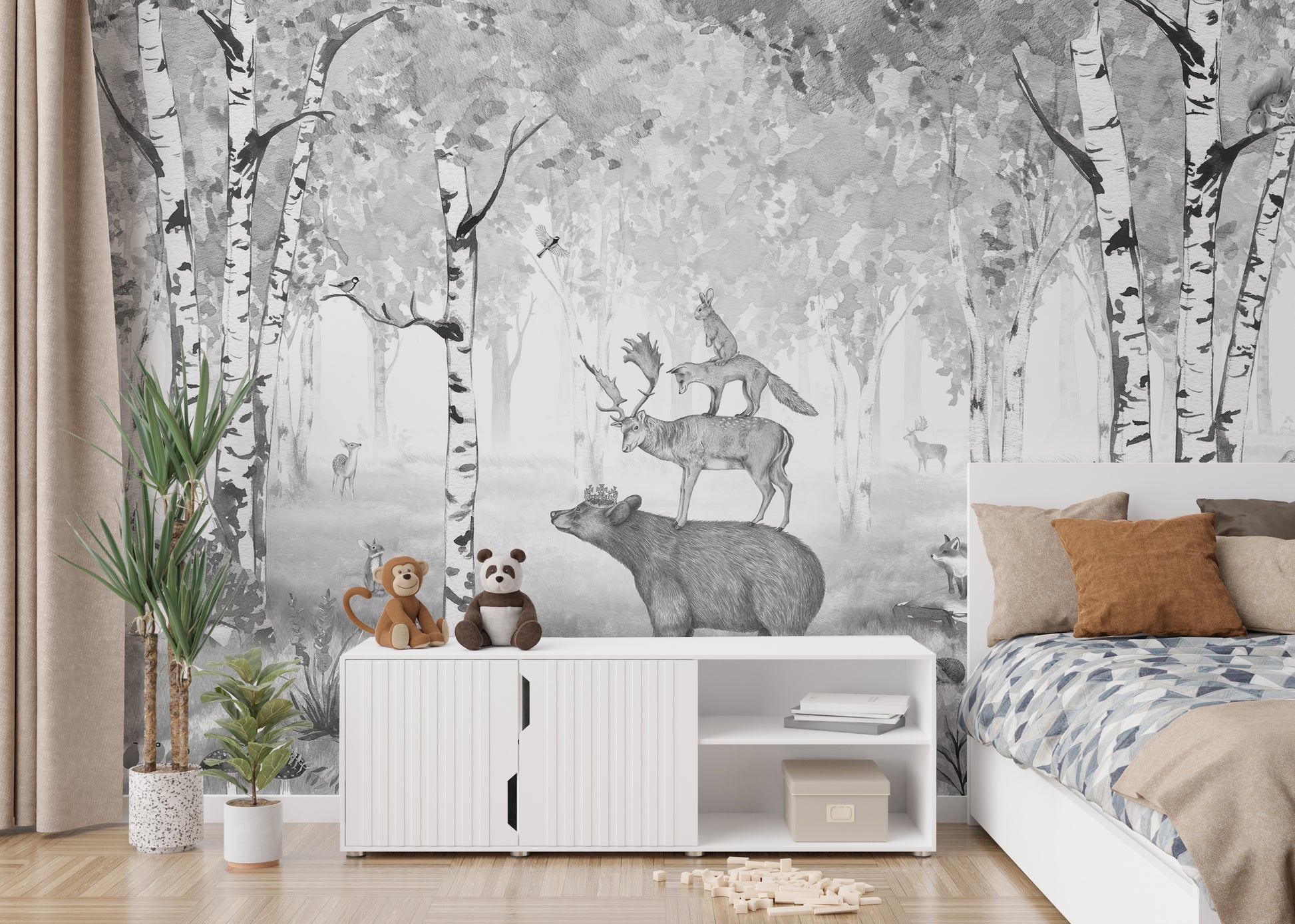 Monochrome wall mural with a tranquil forest setting.