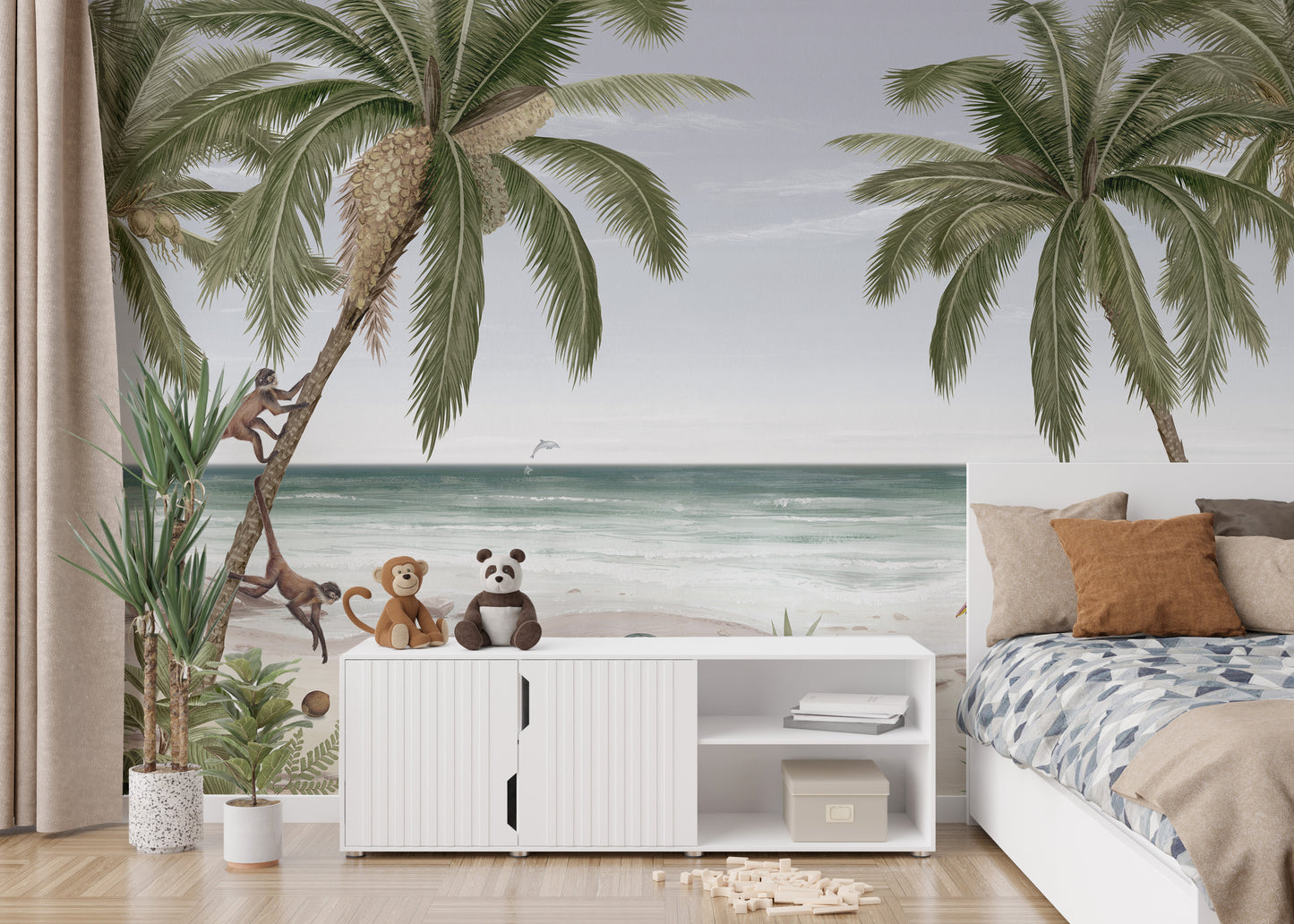 Tropical beach mural perfect for ocean-inspired décor.