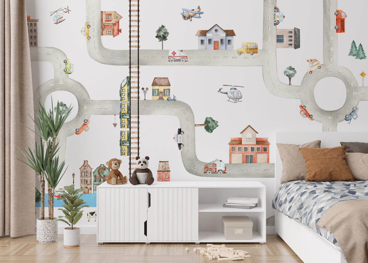Playful mural with vibrant city traffic for kids' spaces.