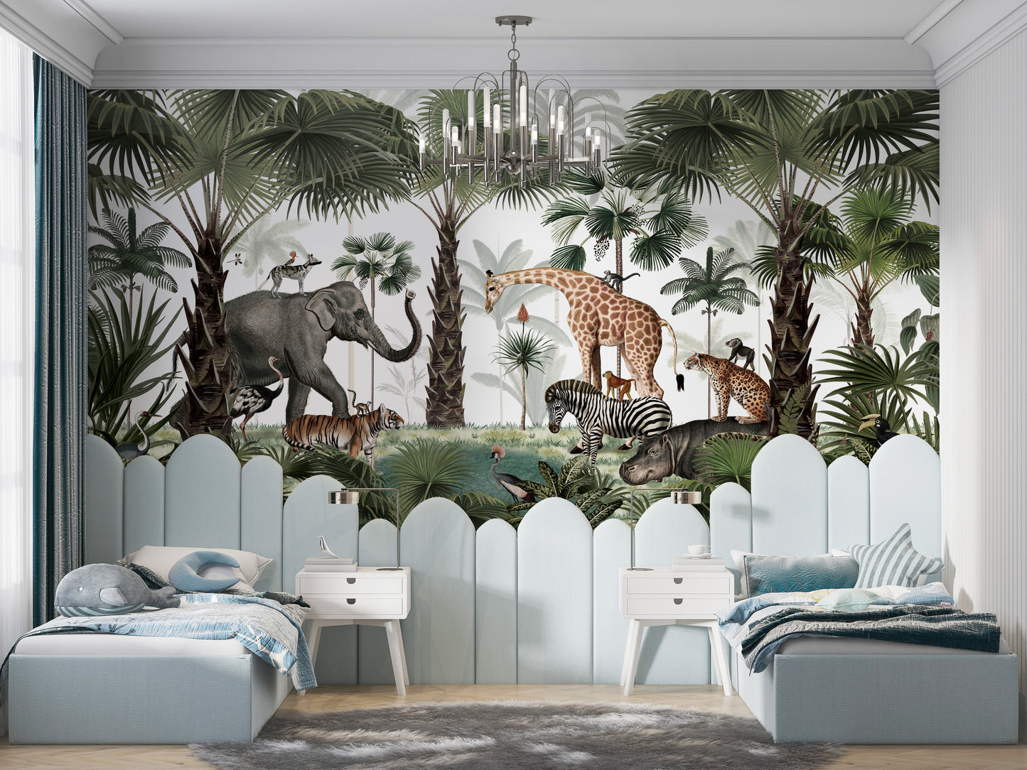 Tranquil forest mural with deer and lush foliage.