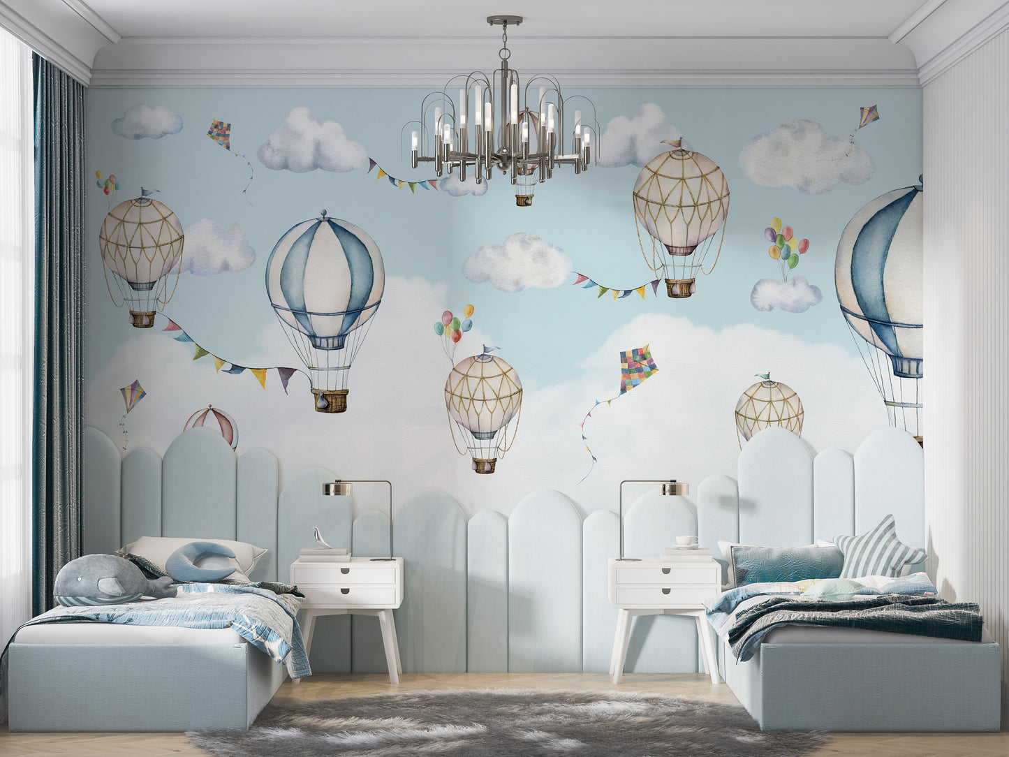 Balloon-themed mural with a serene sky backdrop.