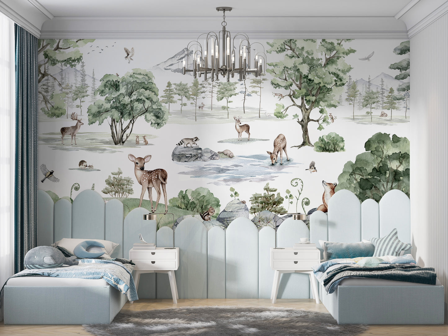 Artistic mural with deer in a snowy winter forest.
