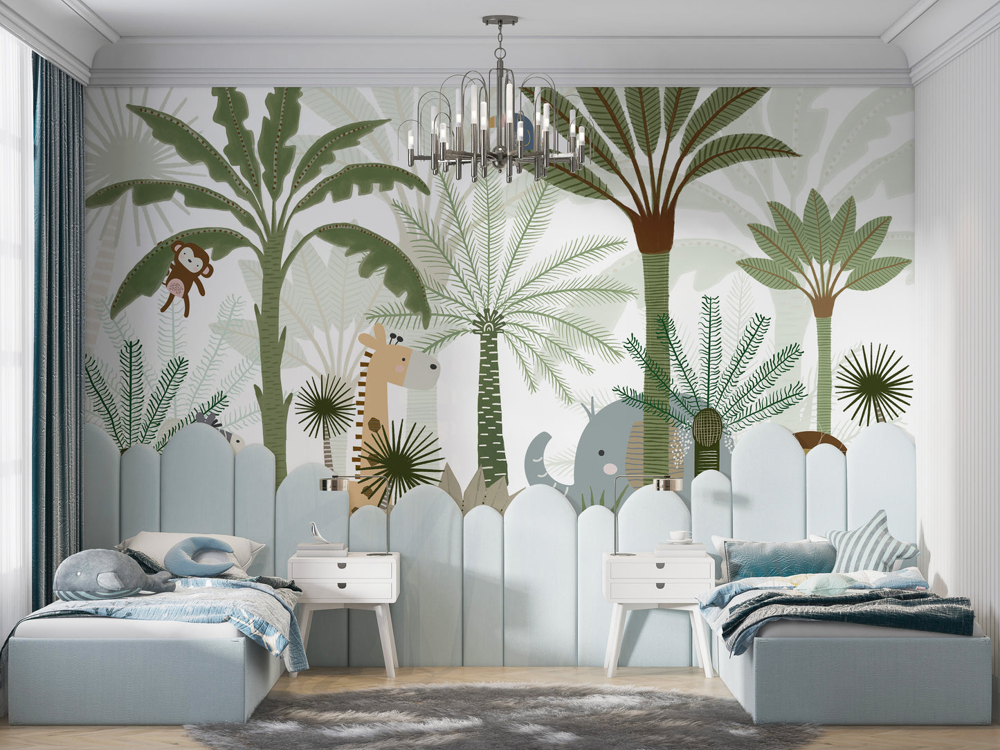 Fun and colorful jungle mural with dancing animal characters