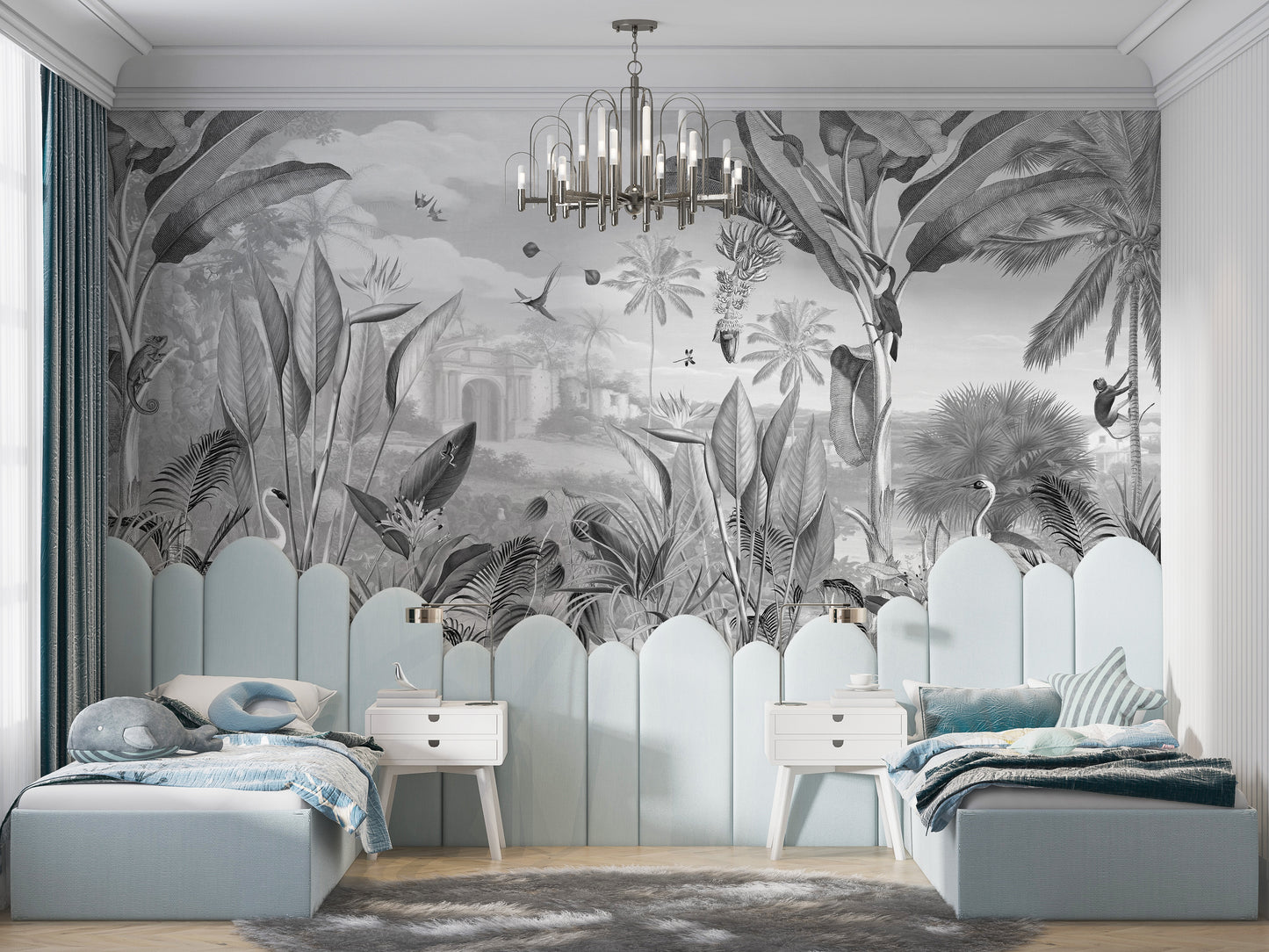 Sophisticated mural featuring lush floral patterns in monochrome