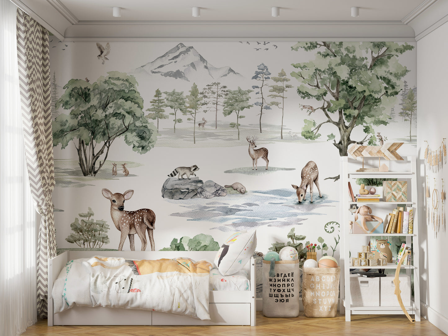 Winter-themed mural showcasing deer in a tranquil forest.
