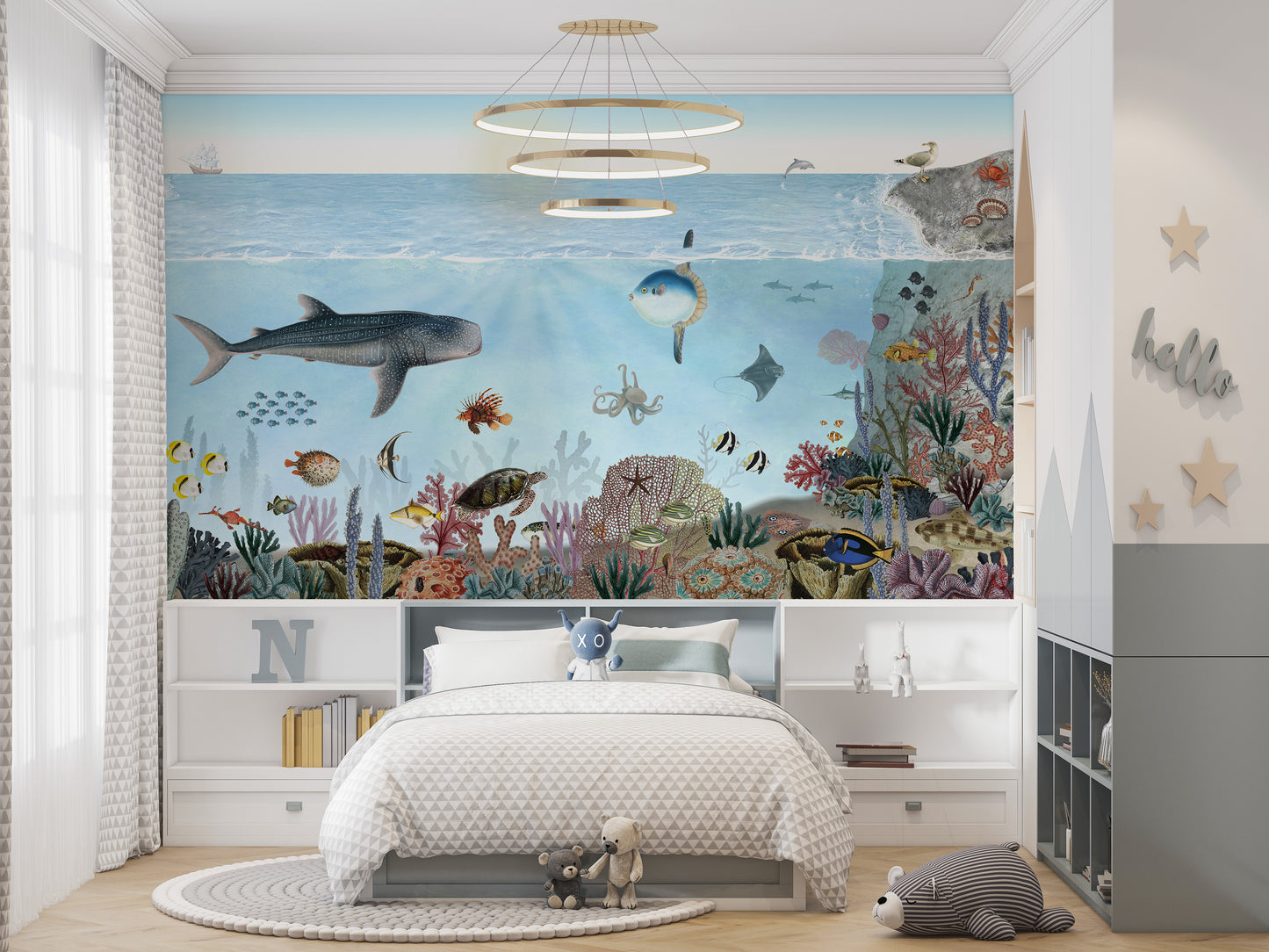Ocean lookbook mural blending serenity and marine life.