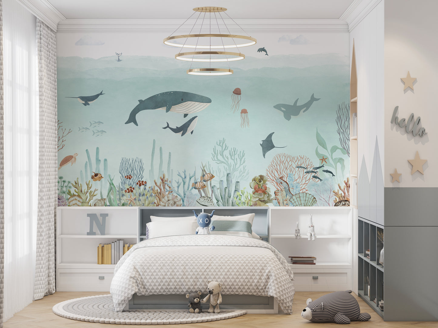 Artistic wall mural featuring waves and marine elements