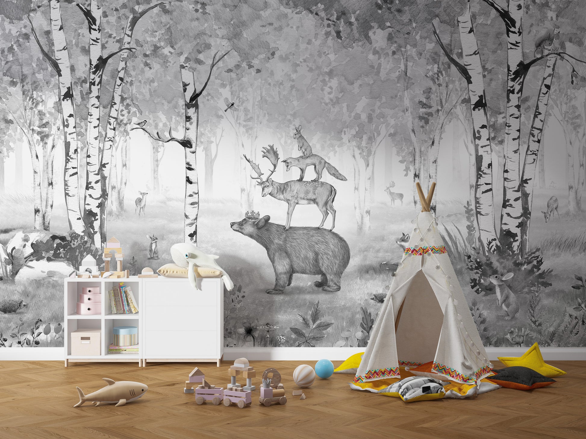 Black and white mural featuring a peaceful forest scene.