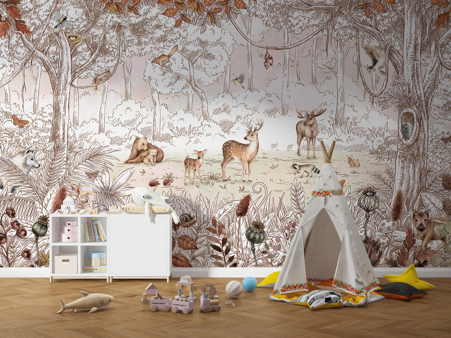 Artistic mural showcasing animals in an autumn forest.