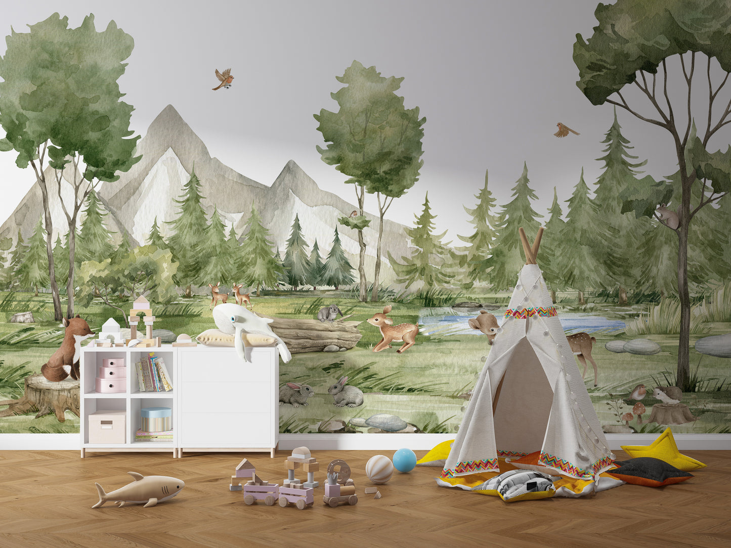Scenic mural featuring wildlife in a serene grove landscape