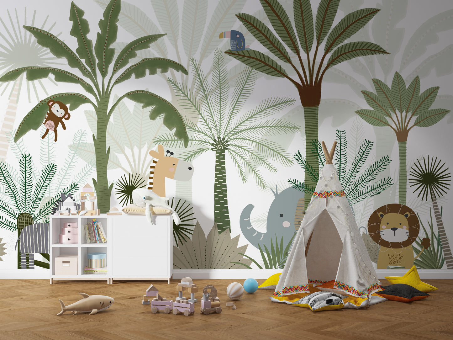 Decorative wall art with animated jungle animals in action
