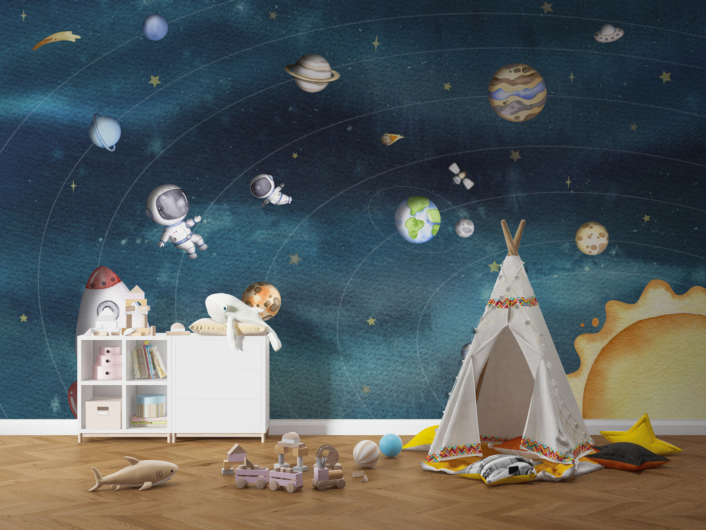 Space joy mural with vibrant stars and planets on a dark background