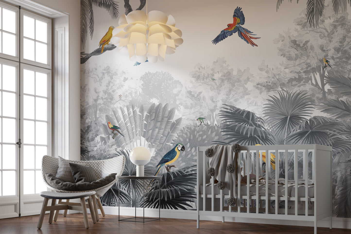 Tropical-themed mural with birds perched in a canopy.