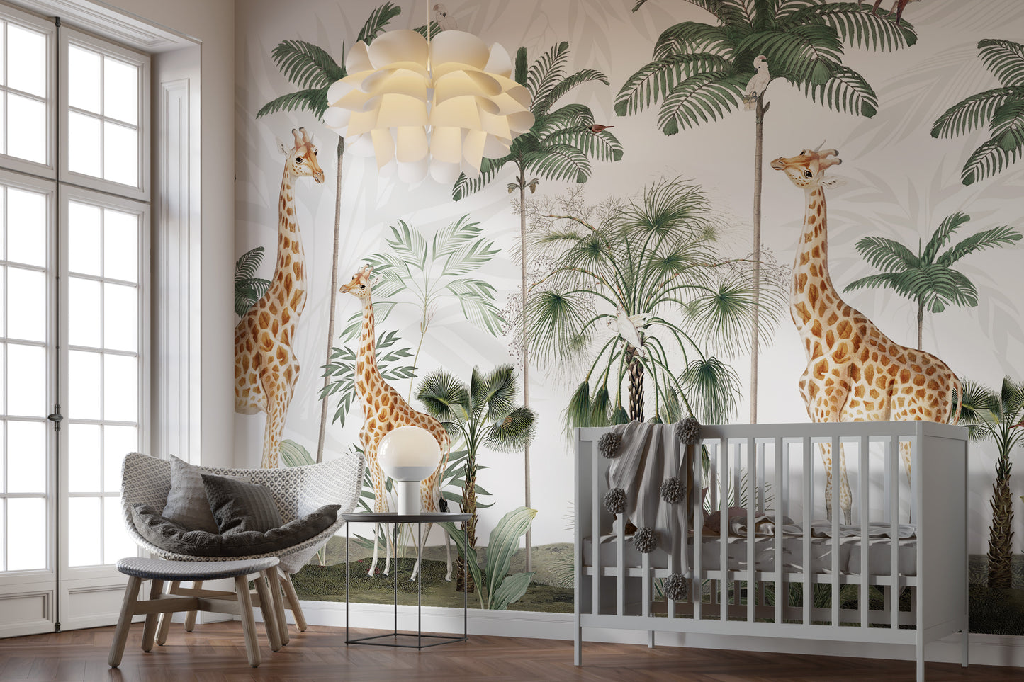 Gracious giraffes mural with a serene nature backdrop.