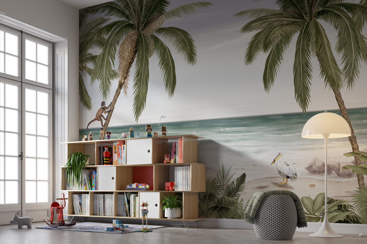 Vibrant mural featuring a peaceful tropical beach scene.