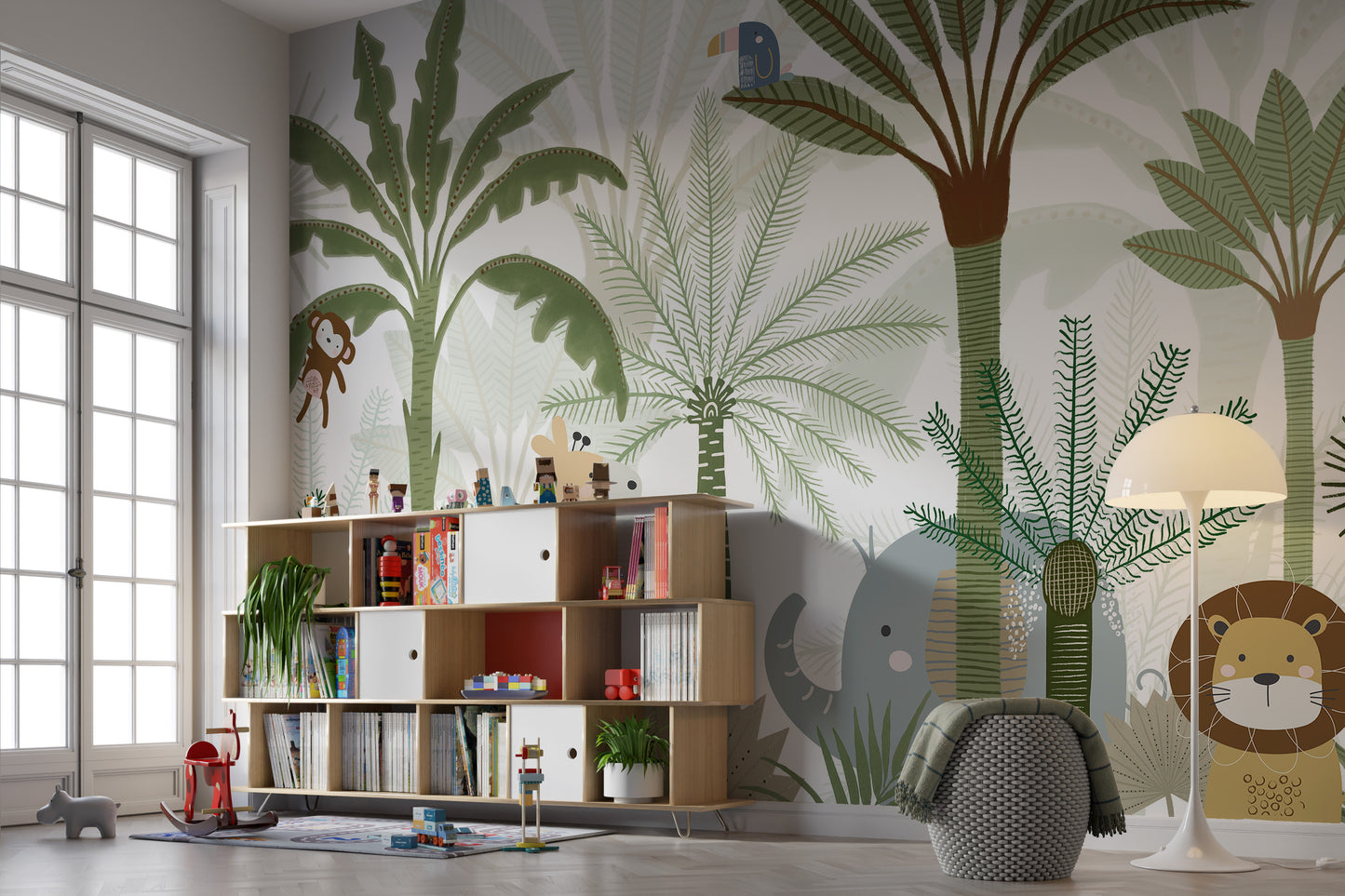 Jungle jive mural featuring lively animals and lush greenery