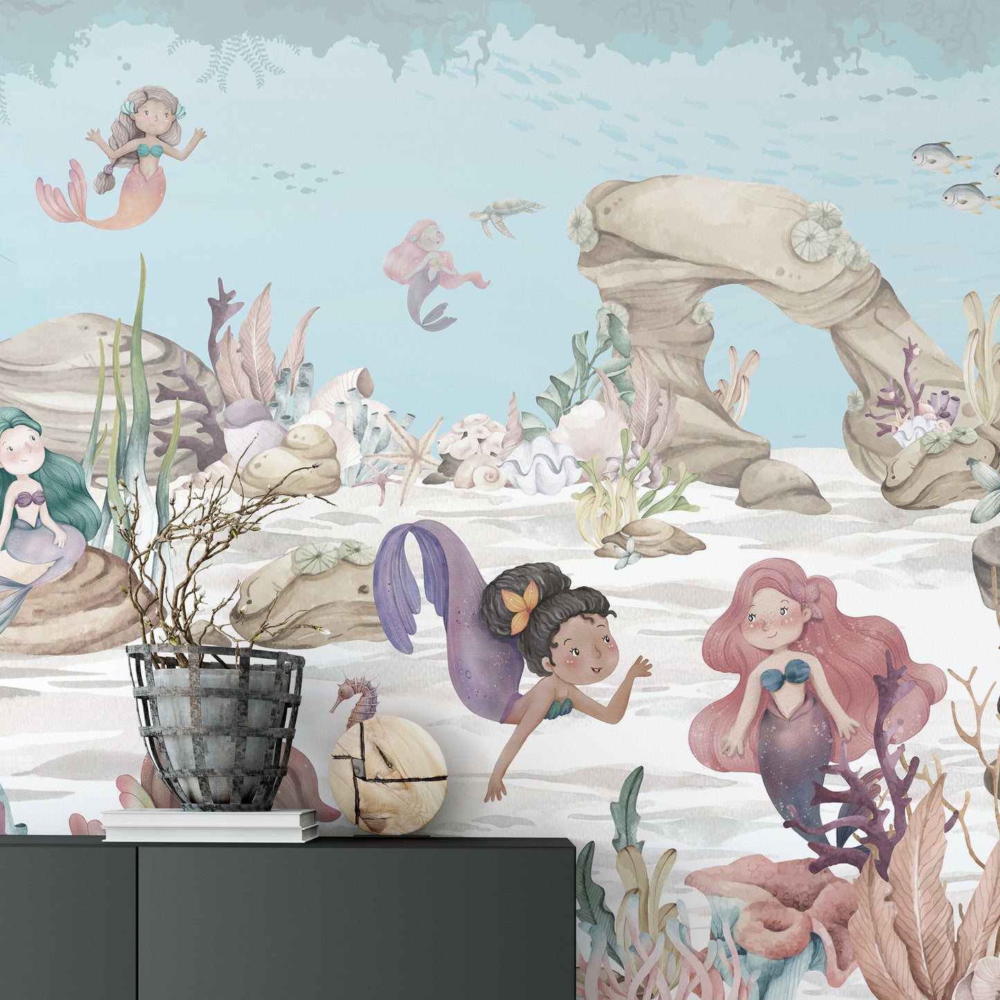 Decorative mural showcasing a whimsical mermaid scene
