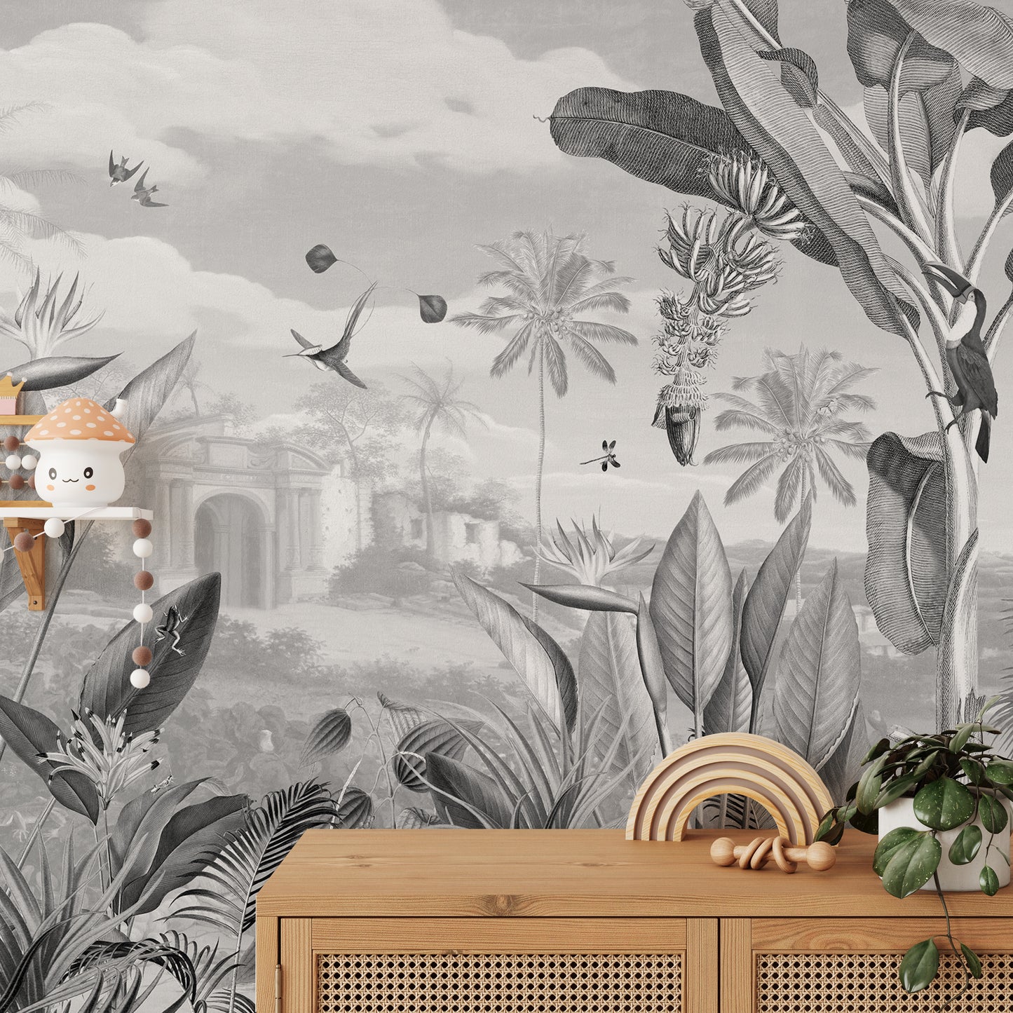 Nature-inspired mural with intricate flora in black-and-white tones