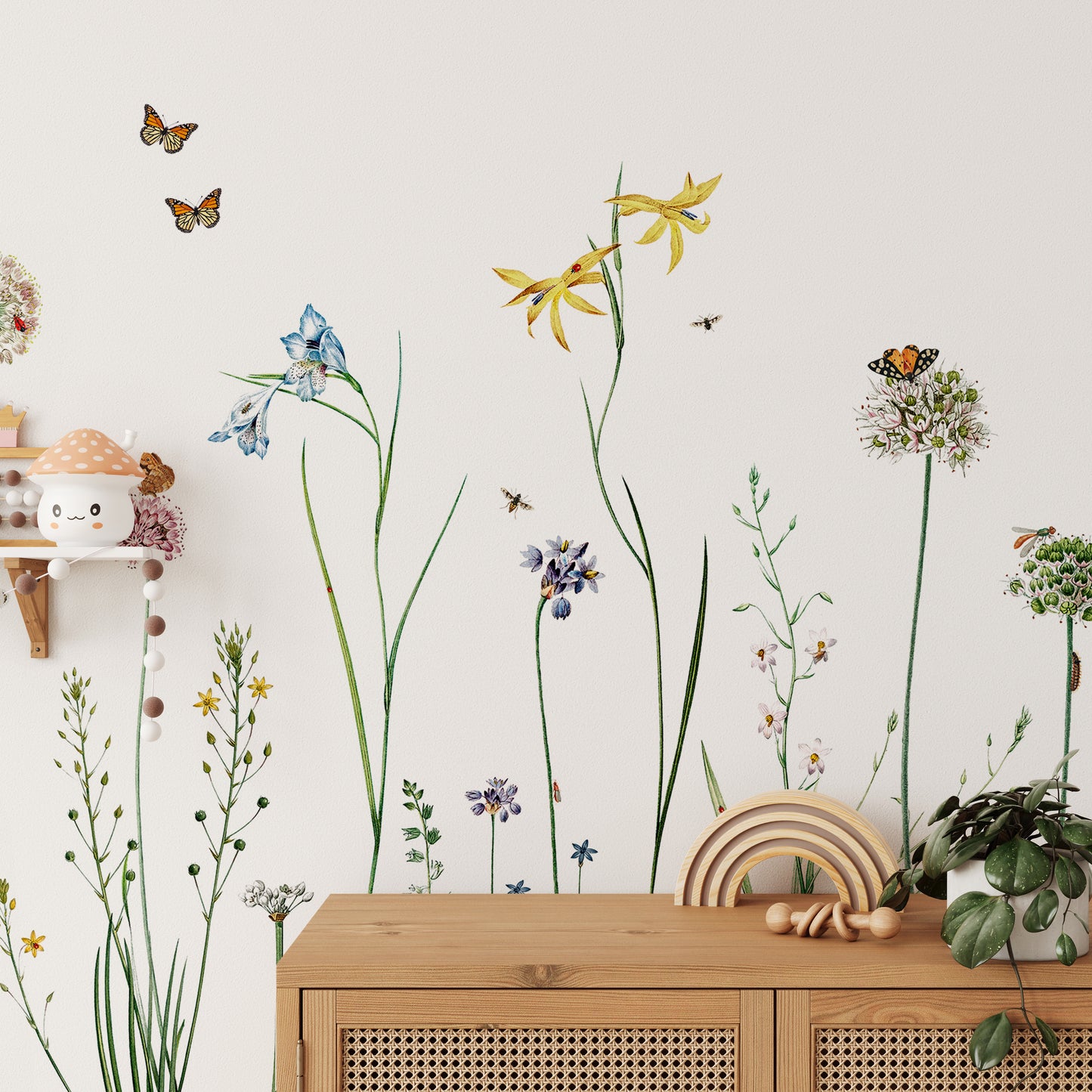Artistic mural with butterflies fluttering in a lush garden