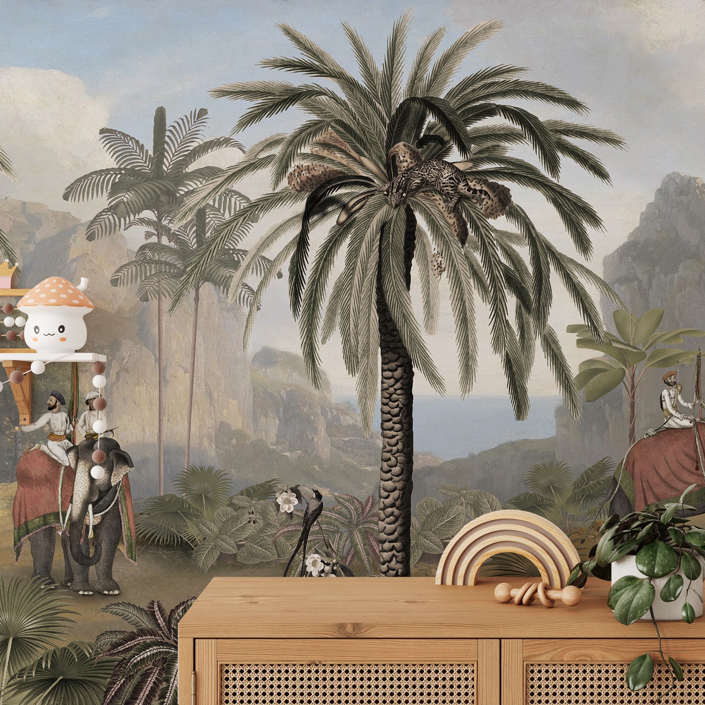 Jungle mural with tropical plants and wildlife design.