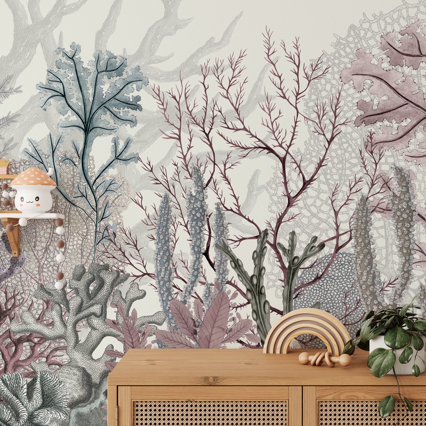 Underwater wall mural with intricate seabed details.