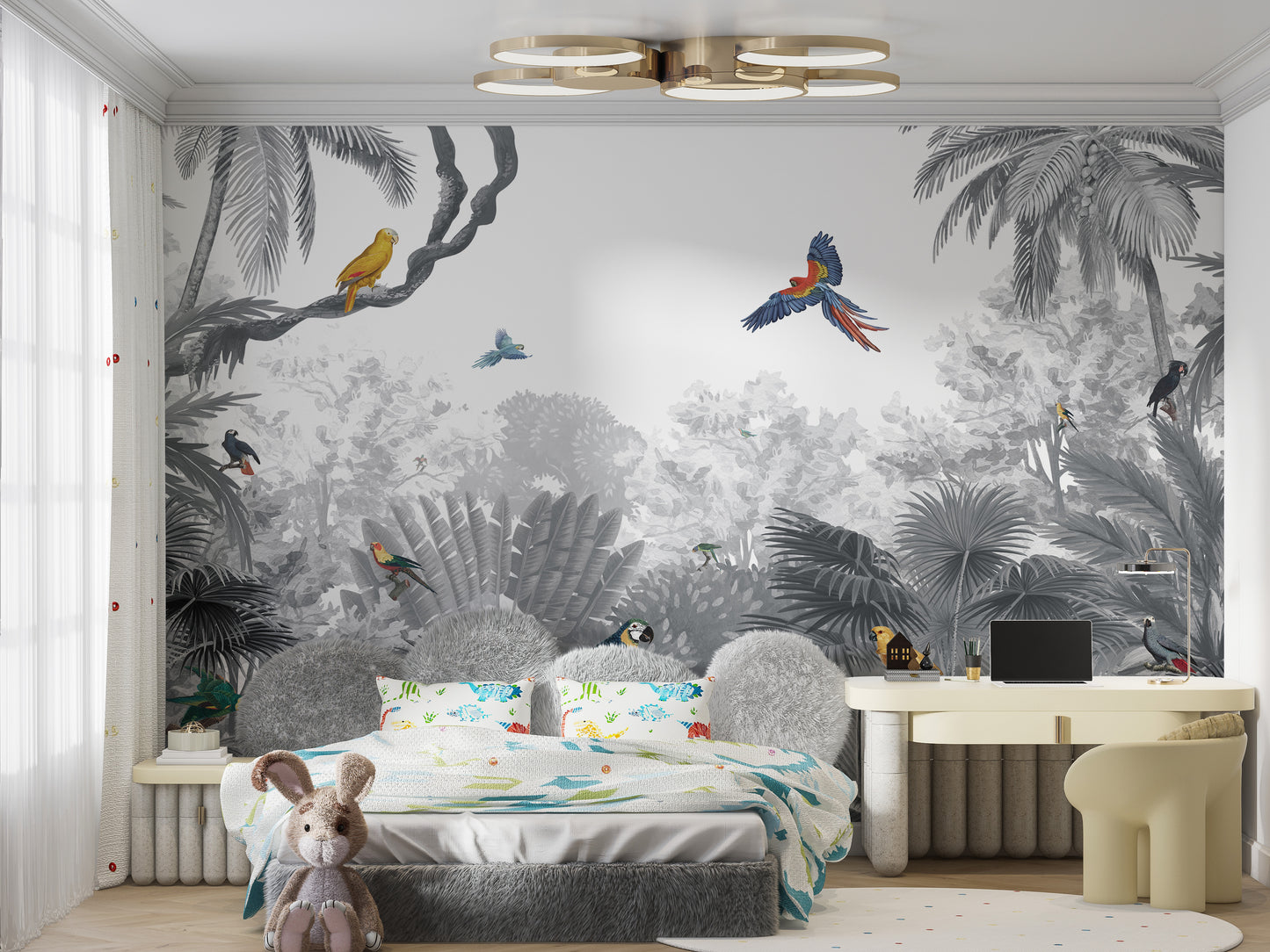 Scenic mural with vibrant tropical birds and greenery.